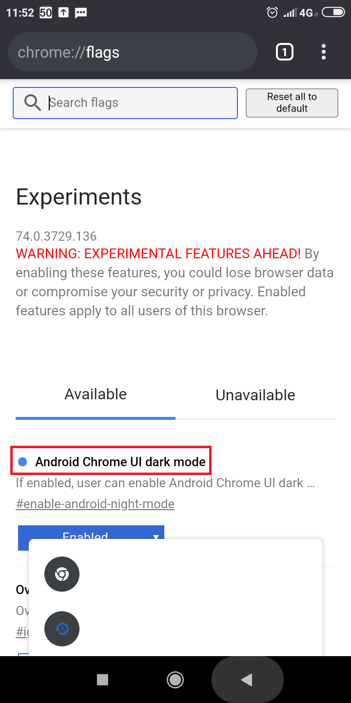 Android Chrome UI dark mode - темная тема chrome android