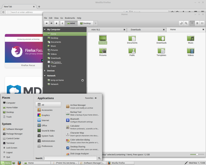 Linux Mint 18.2 Рабочий стол, меню и программы - скриншот