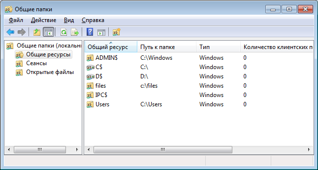 Windows 7 - оснастка Общие папки (fsmgmt.msc)