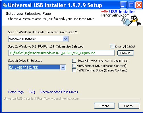 записать Windows 8 загрузочную флешку программой Universal Usb Installer - параметры