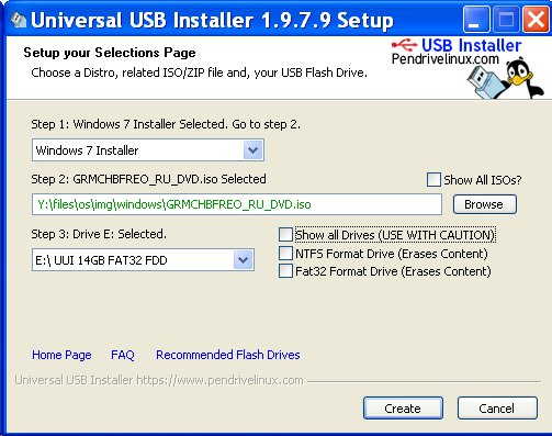 записать Windows 7 загрузочную флешку программой Universal Usb Installer - параметры